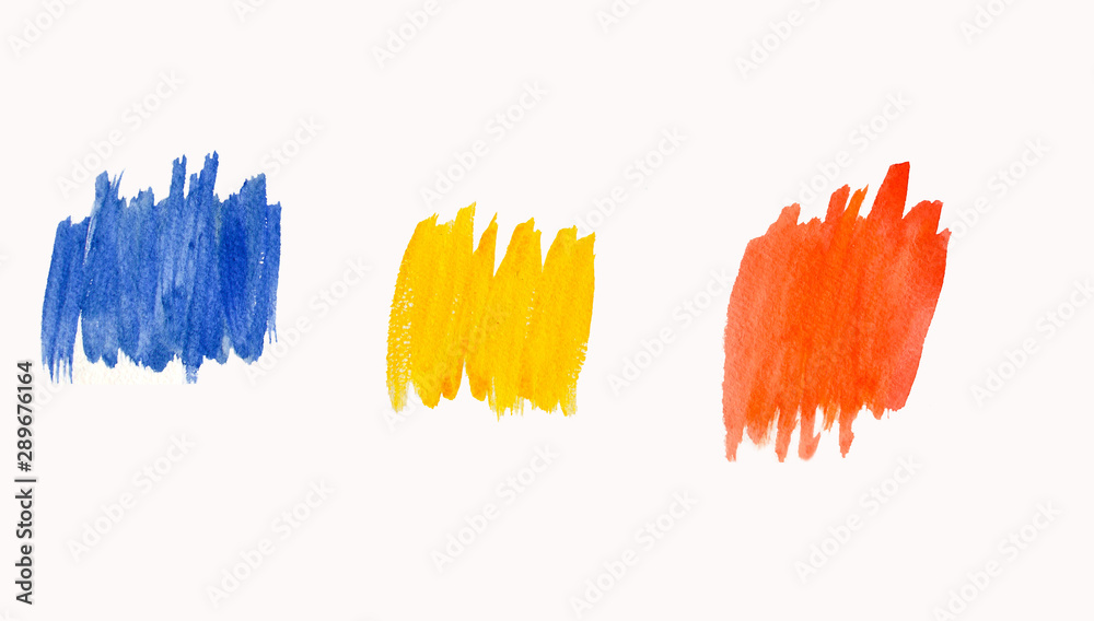 Fototapeta premium strokes of watercolor paint of blue, yellow, and orange color on a white background. For the design of cards, fabric.
