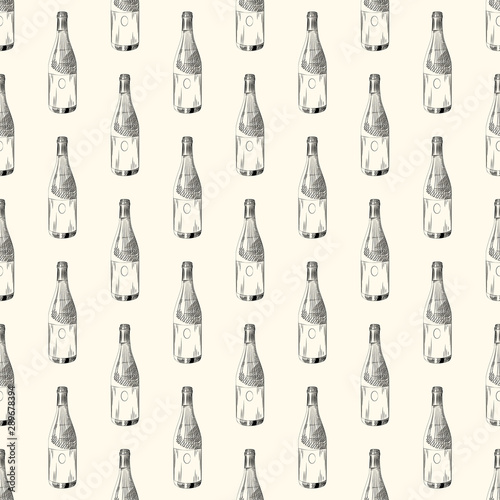 Champagne bottle seamless pattern. Sparkling wine backdrop.