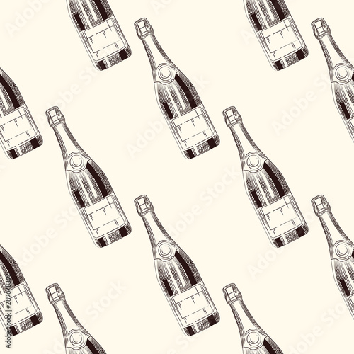 Champagne bottles seamless pattern. Sparkling wine backdrop.