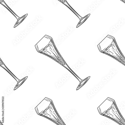 Tulip glass seamless pattern. Sparkling wine glass. Hand drawn empty champagne glass sketch.