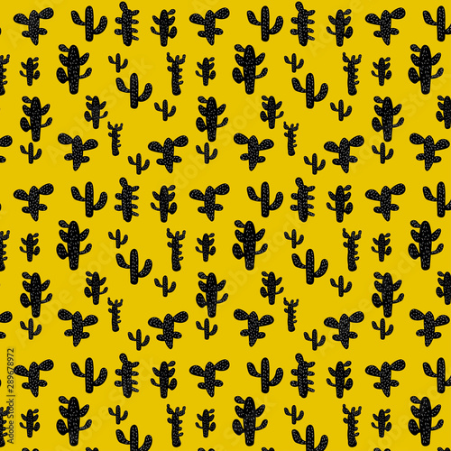 Vector seamless doodle stylish cactus pattern. Hand drawn black cactus on yellow background.