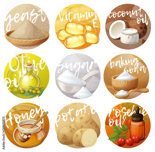 Facial mask ingredients for home face skin care. Cartoon vector food icons set on bright gradient circle . Natural cosmetic illustration with vivid colored backround