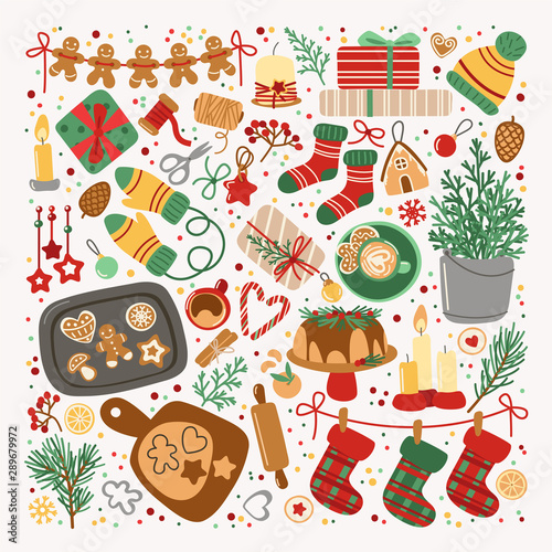 Vector collection of Christmas sweets, decorations and gift boxes isolated on a light background. New year cartoon set