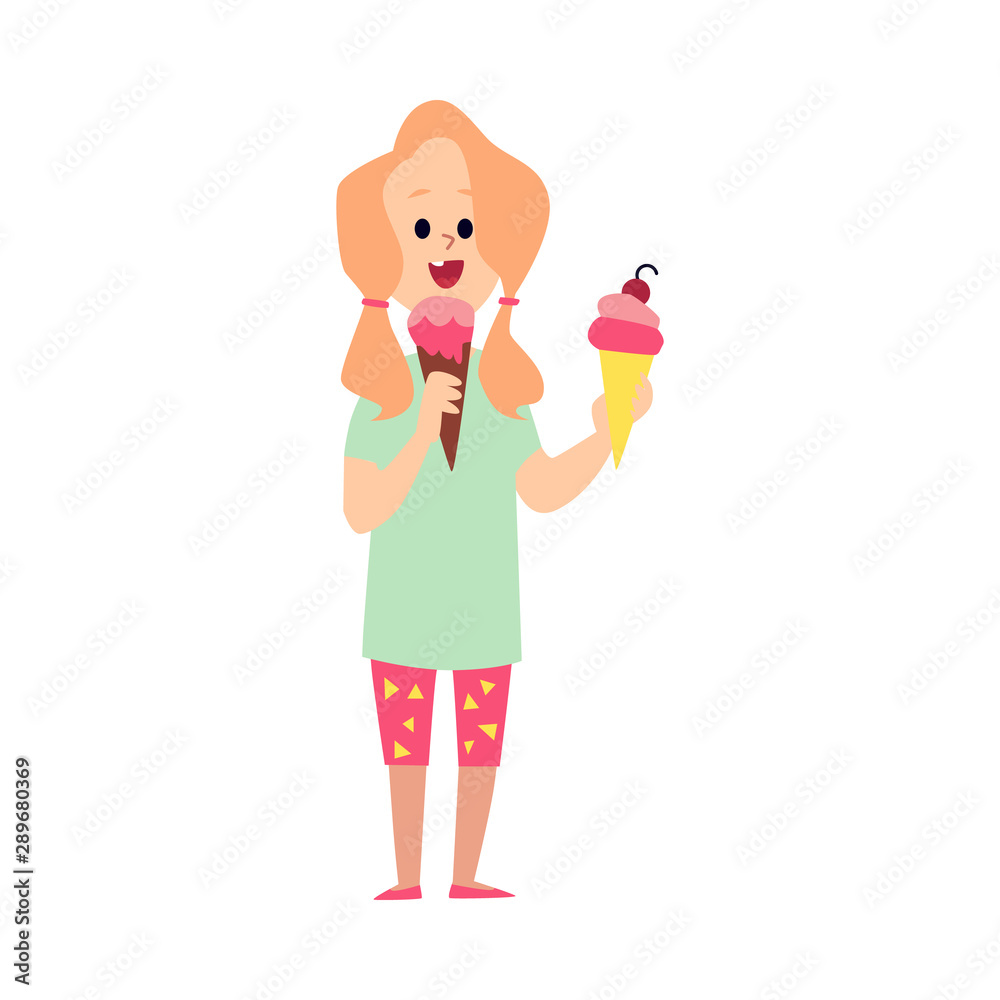 Happy girl holding two ice cream cones and eating. Happy girl holding two ice cream cones and eating.