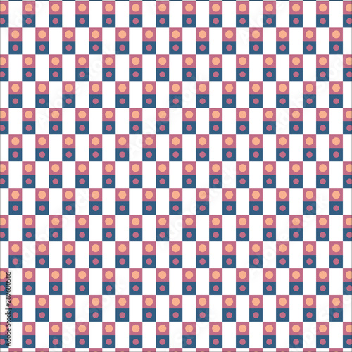 Seamless checkered pattern with vector diagonal violet and pink rectangles with dots on white background. 