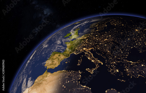 Planet earth with terminator line. European continent. 3d illustration.