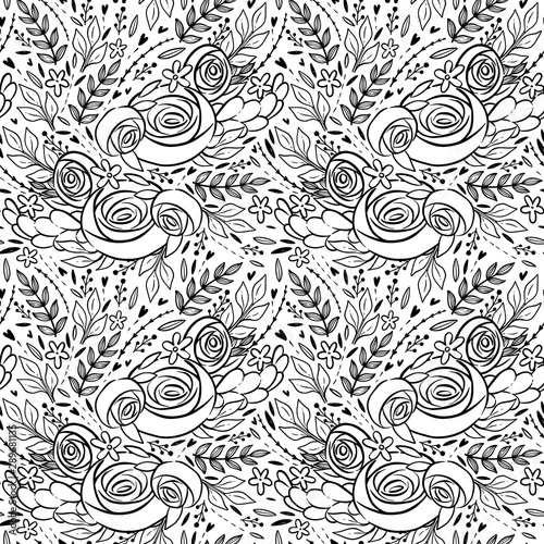 Coloring page with abstract flowers. Pattern with roses and leaves. Page for creative coloring page for children and adult.