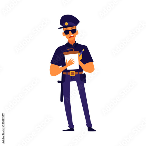 Cartoon police officer writing a ticket - serious man in blue uniform