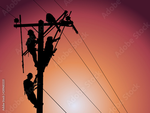 Silhouette of Maintenance staff maintain high-strength distribution system. The backdrop is a beautiful blue sky.