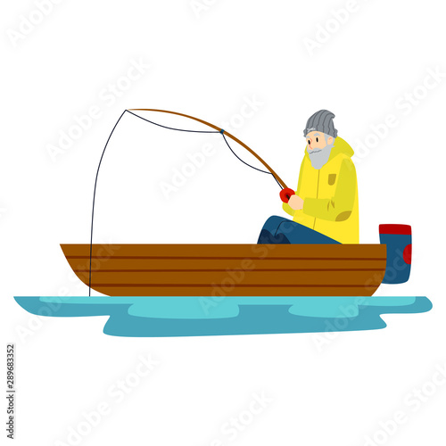 A male fisherman with a bread is fishing on a lake or river.