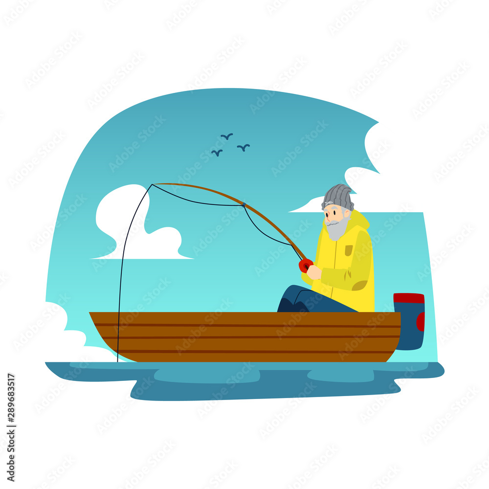 Fisherman in a boat flat vector illustration on a river landscape background.