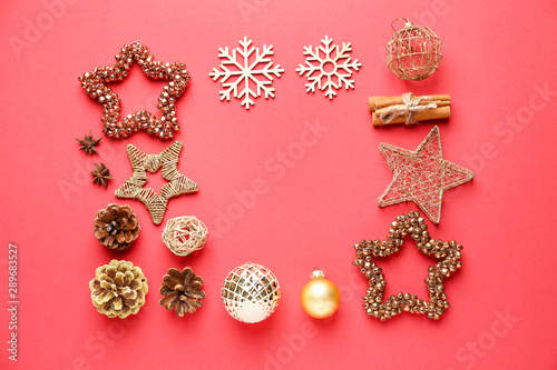Beautiful composition with Christmas decor on color background