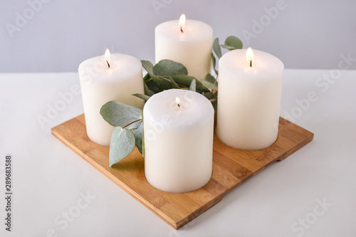 Beautiful candles with eucalyptus on light background