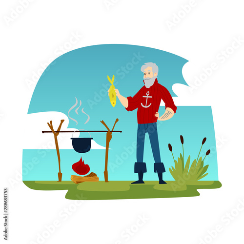 Fisherman cooks caught fish flat vector illustration on a landscape background.