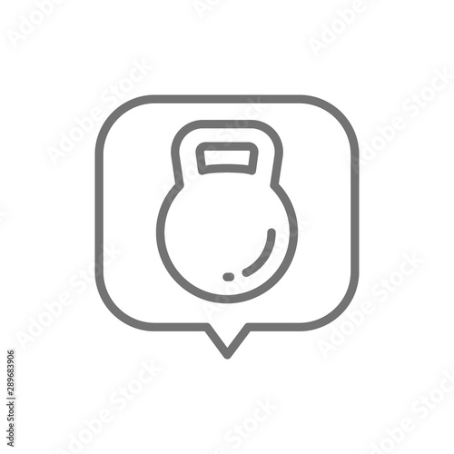 Kettlebell in speech bubble, heaviness in the stomach line icon.