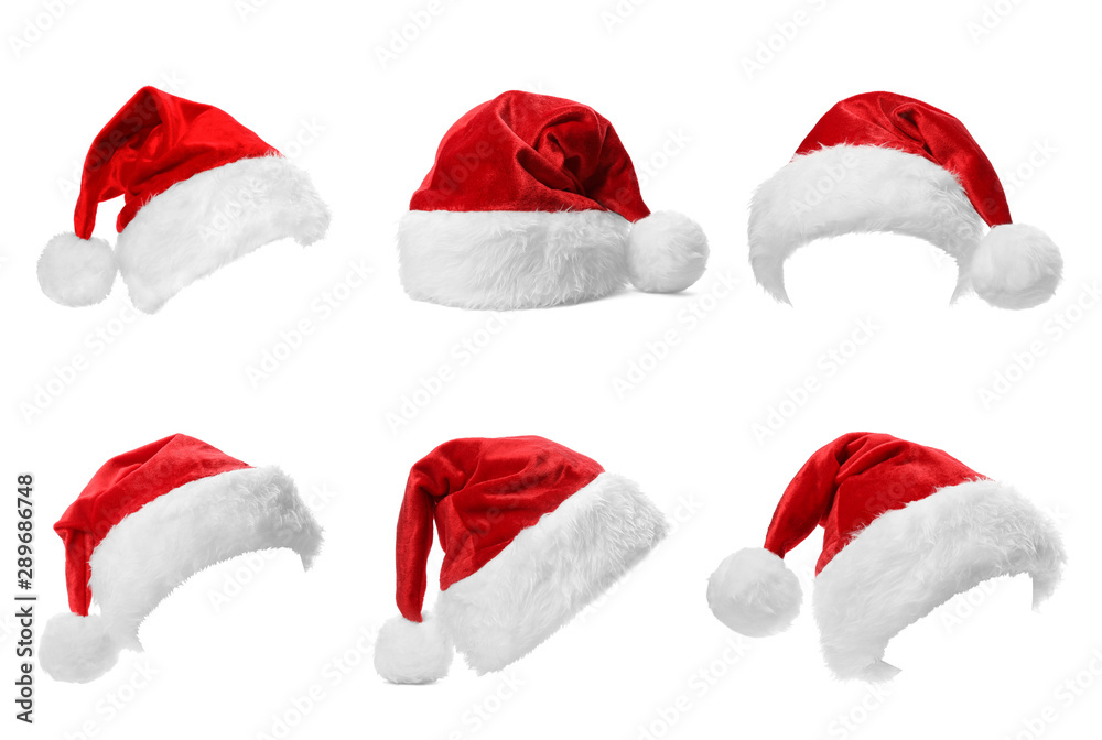 Set of red Santa Claus hats on white background Set of red Santa Claus hats on white background