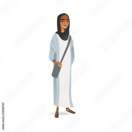 Muslim woman in black hijab and trendy outfit - female cartoon character