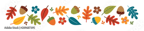 Vector autumn or fall banner with colorful autumn leaves, acorns and flowers, isolated on white. Cute kawaii border with seasonal elements in flat style for Thanksgiving, web or print advertising.