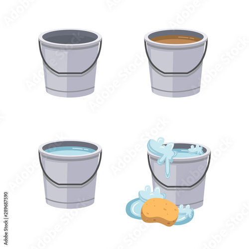 Metal water bucket set - liquid containers with clean, soapy, dirty and no water