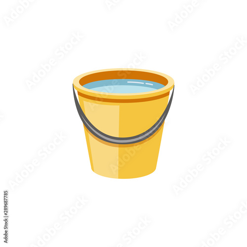 Yellow plastic bucket with water flat cartoon vector illustration icon isolated.
