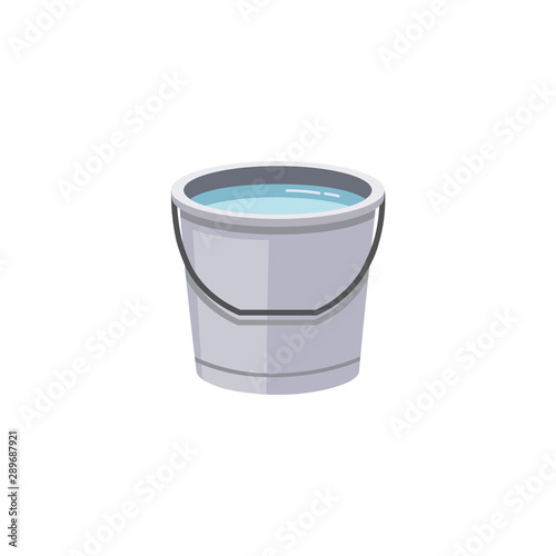 Flat isolated water bucket - metal container filled with clear blue liquid