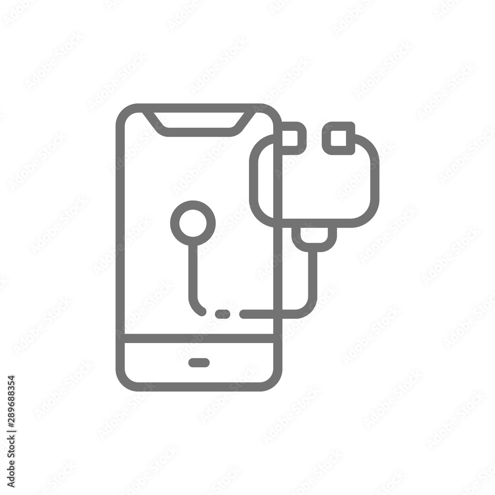 Phone with stethoscope, smartphone repair, doctor online line icon. Phone with stethoscope, smartphone repair, doctor online line icon.