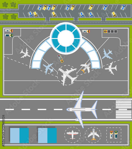 Airport runway top view - flat cartoon vector illustration of airplane parking