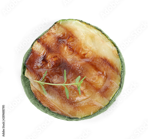 Delicious grilled zucchini slice on white background, top view