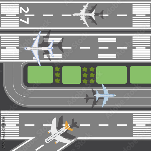 Airplanes on the runway of airport takeoff field flat vector illustration.