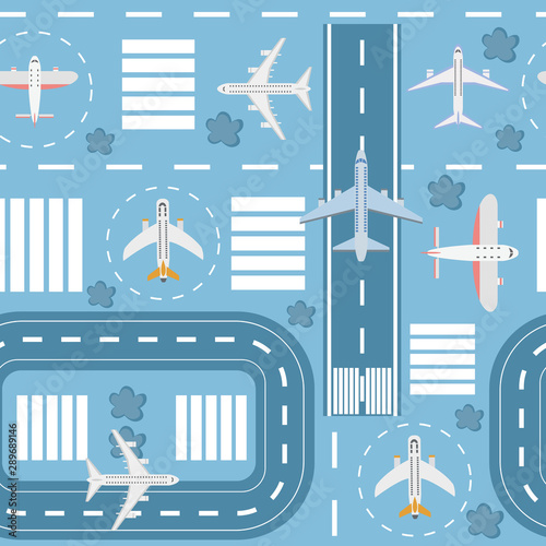 Seamless pattern of airport and runways with airplanes and airplane, top view.