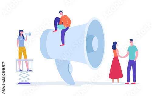 Digital Marketing Concept. Megaphone Promotion with People. Huge Loudspeaker with Tiny Characters. Social Media Communication. Vector flat cartoon illustration