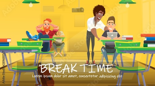 Break Time Concept, Boys Having Rest at Desk.