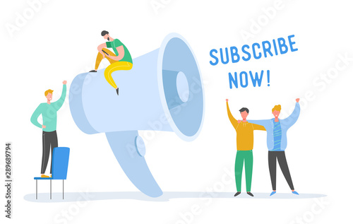 Digital Marketing Refer a Friend Concept. Megaphone Promotion with People. Huge Loudspeaker with Tiny Characters. Social Media Communication. Vector flat cartoon illustration