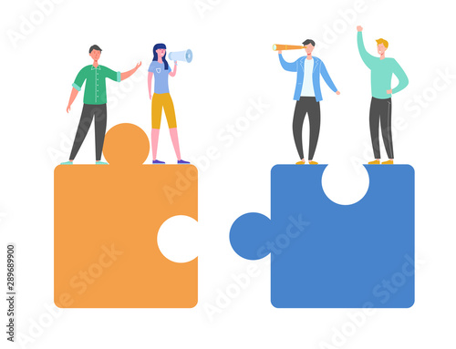 Business Teamwork Concept. Tiny Characters Connecting Puzzle Pieces. Creative Solutions, Collaboration and Partnership with People Working Together. Woman with Megaphone. Vector illustration