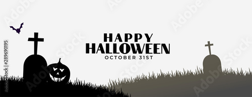 grayscale happy halloween banner with pumpkin and grave