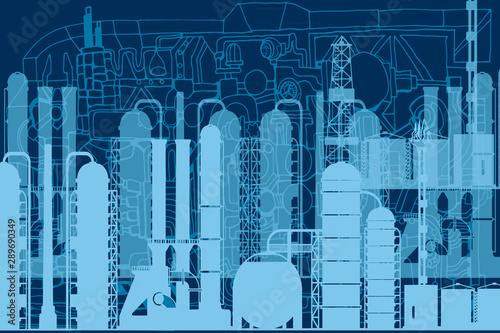 Abstract vector gray industrial background with factory silhouette illustrating oil and gas industry, metallurgy, industrial revolution.