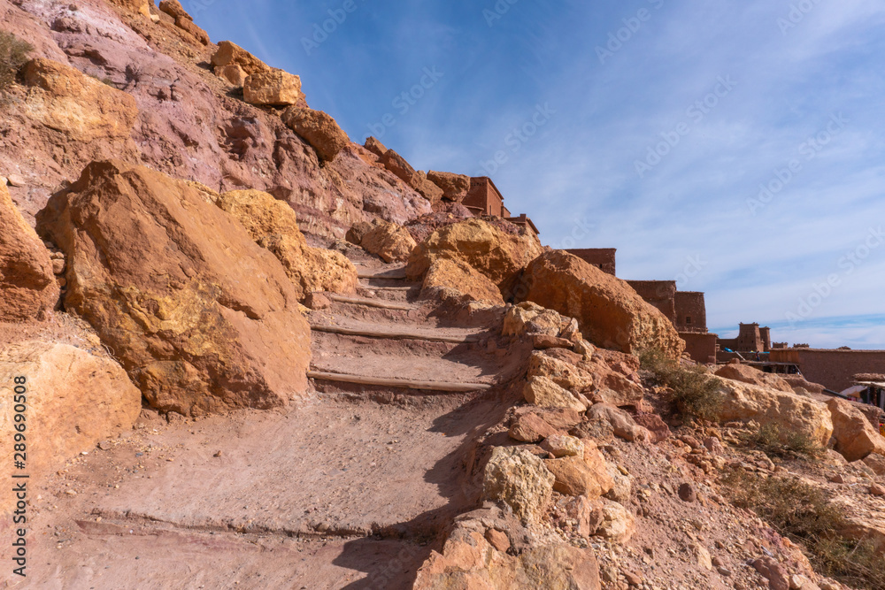 Fototapeta premium Streets in The fortified town of Ait ben Haddou near Ouarzazate on the edge of the sahara desert in Morocco. Atlas mountains