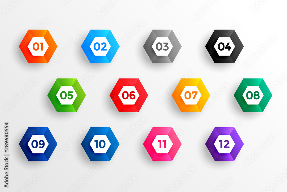 number bullet points in 3d hexagon shape from one to twelve number bullet points in 3d hexagon shape from one to twelve