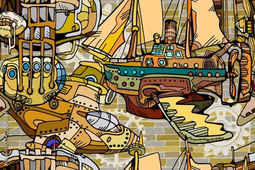 Abstract vector seamless pattern featuring fantasy retro flying machines in steampunk style and gearwheels on brick background illustrating vintage aeronautic technologies . Hand drawn.  