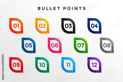 modern bullet point numbers from one to twelve