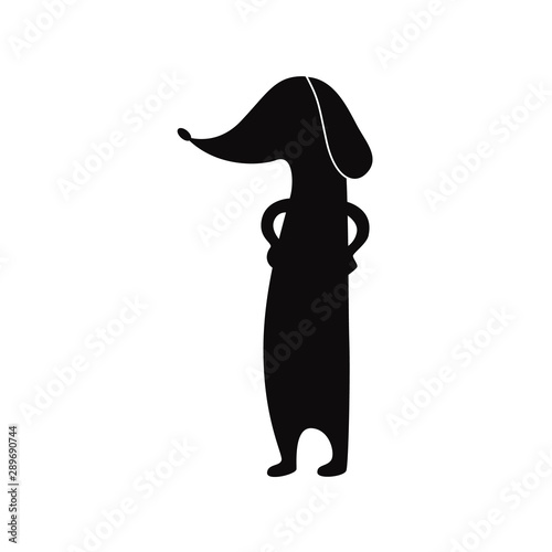 Funny dachshund dog standing black silhouette flat vector illustration isolated.