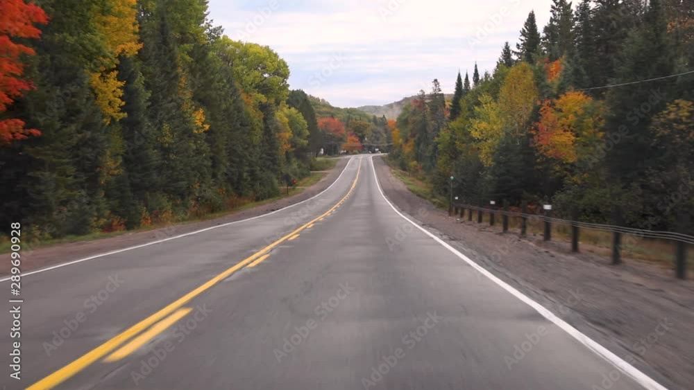 Driving on American highway with trees around in autumn. Empty road in Ontario, Canada, wtih colorful maple trees during the fall season. Travel and transportation concepts Driving on American highway with trees around in autumn. Empty road in Ontario, Canada, wtih colorful maple trees during the fall season. Travel and transportation concepts