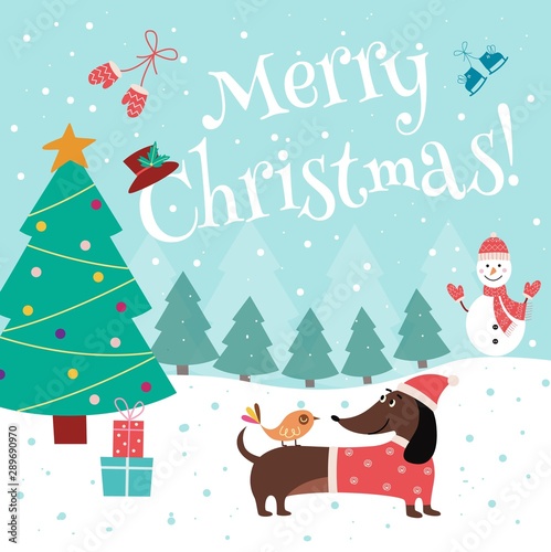 Christmas card with cute dachshund in Santa hat flat vector illustration.