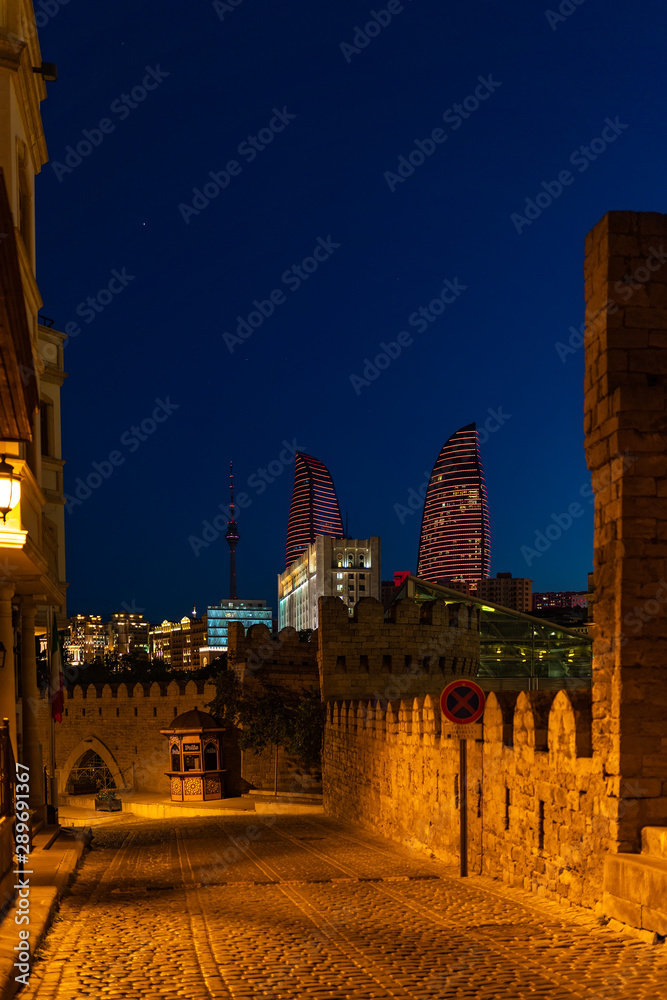 Night streets of the Icheri Sheher historic center, Baku city, Azerbaijan