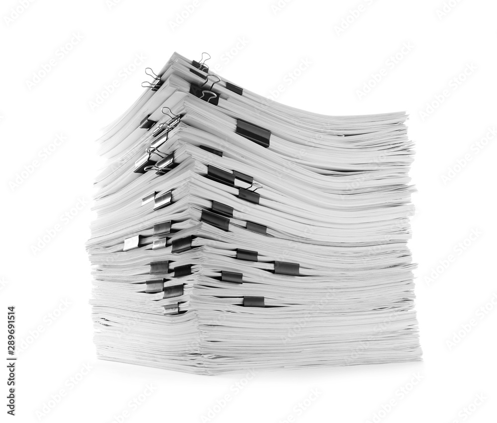 Stack of documents with binder clips on white white background Stack of documents with binder clips on white white background