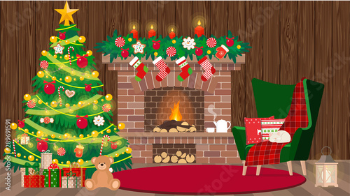 Christmas living room interior with fireplace and sleeping cat in an armchair.