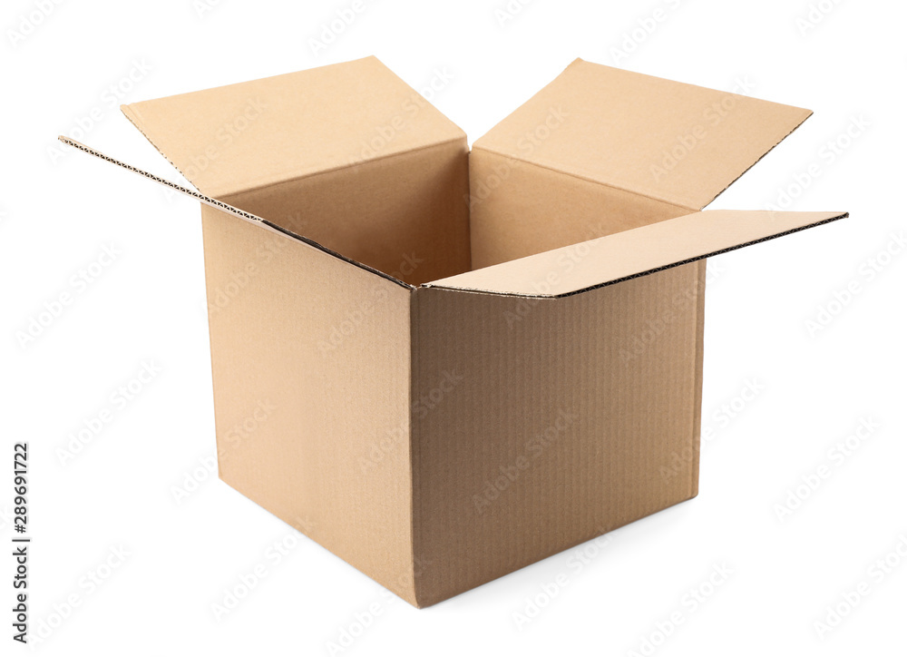 Open cardboard box on white background. Mockup for design Open cardboard box on white background. Mockup for design