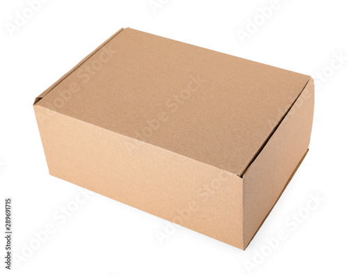 Closed cardboard box on white background. Mockup for design © New Africa