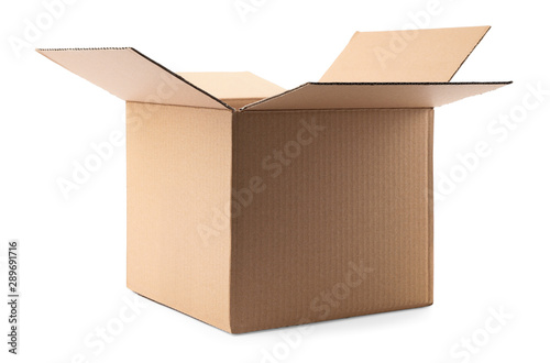 Open cardboard box on white background. Mockup for design