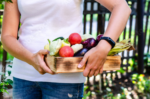 A young girl holds in her hands a bunch of raw ripe natural vegetables in a wooden box. photo